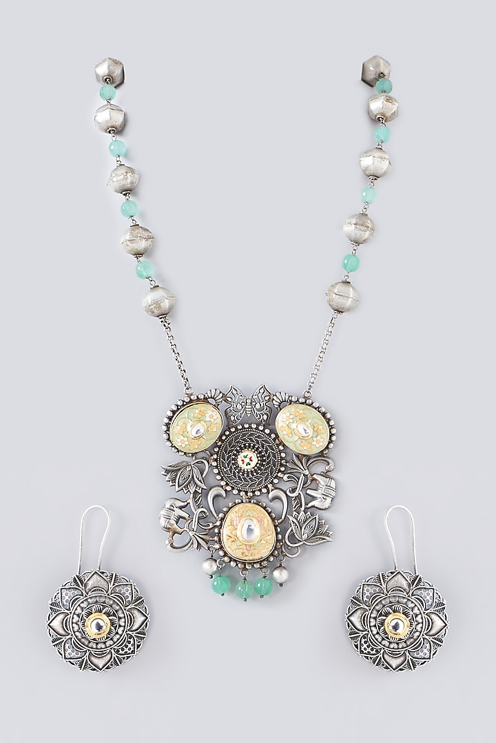 Silver Finish Multi-Colored Semi-Precious Stone & Kundan Polki Necklace Set by Velvetbox by Shweta